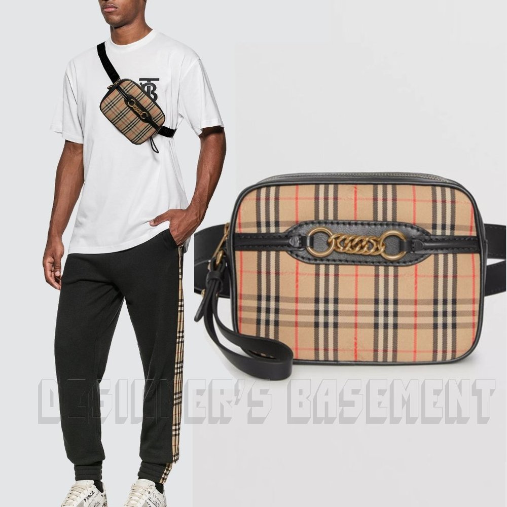 BURBERRY black leather LINK 1983 beige canvas Equestrian Knight Check Belt Bag